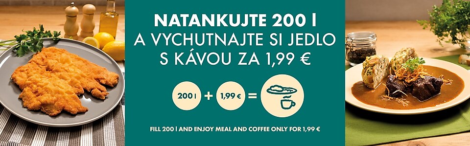 Natankujte 200 | a vychutnajte si jedlo s kávou za 1,99 €