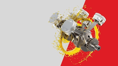 Motor auta v olejovom koliesku na sivo-červenom pozadí