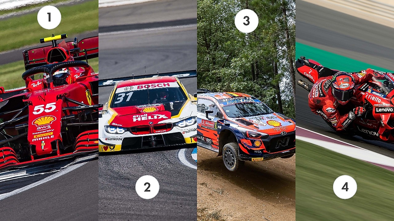 Obrázok rozdelený na štyri časti zobrazujúci rôzne tímy motorsportu  Scuderia Ferrari, BMW, Hyundai a Ducati. 