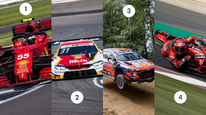 Obrázok rozdelený na štyri časti zobrazujúci rôzne tímy motorsportu  Scuderia Ferrari, BMW, Hyundai a Ducati. 