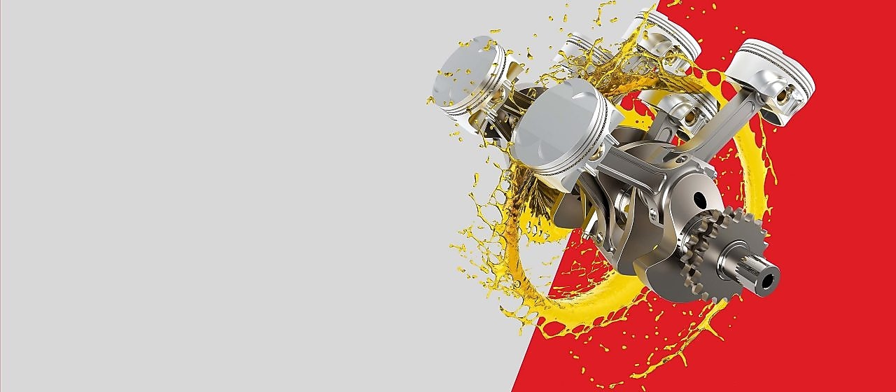 Motor auta v olejovom koliesku na sivo-červenom pozadí