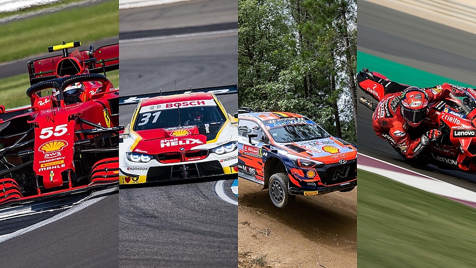 Obrázok rozdelený na štyri časti zobrazujúci rôzne tímy motorsportu – Scuderia Ferrari, BMW, Hyundai a Ducati. 