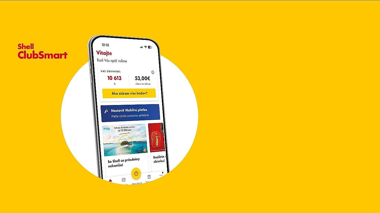 Obrázok mobilu s otvorenou mobilnou aplikáciou Shell na žltom pozadí