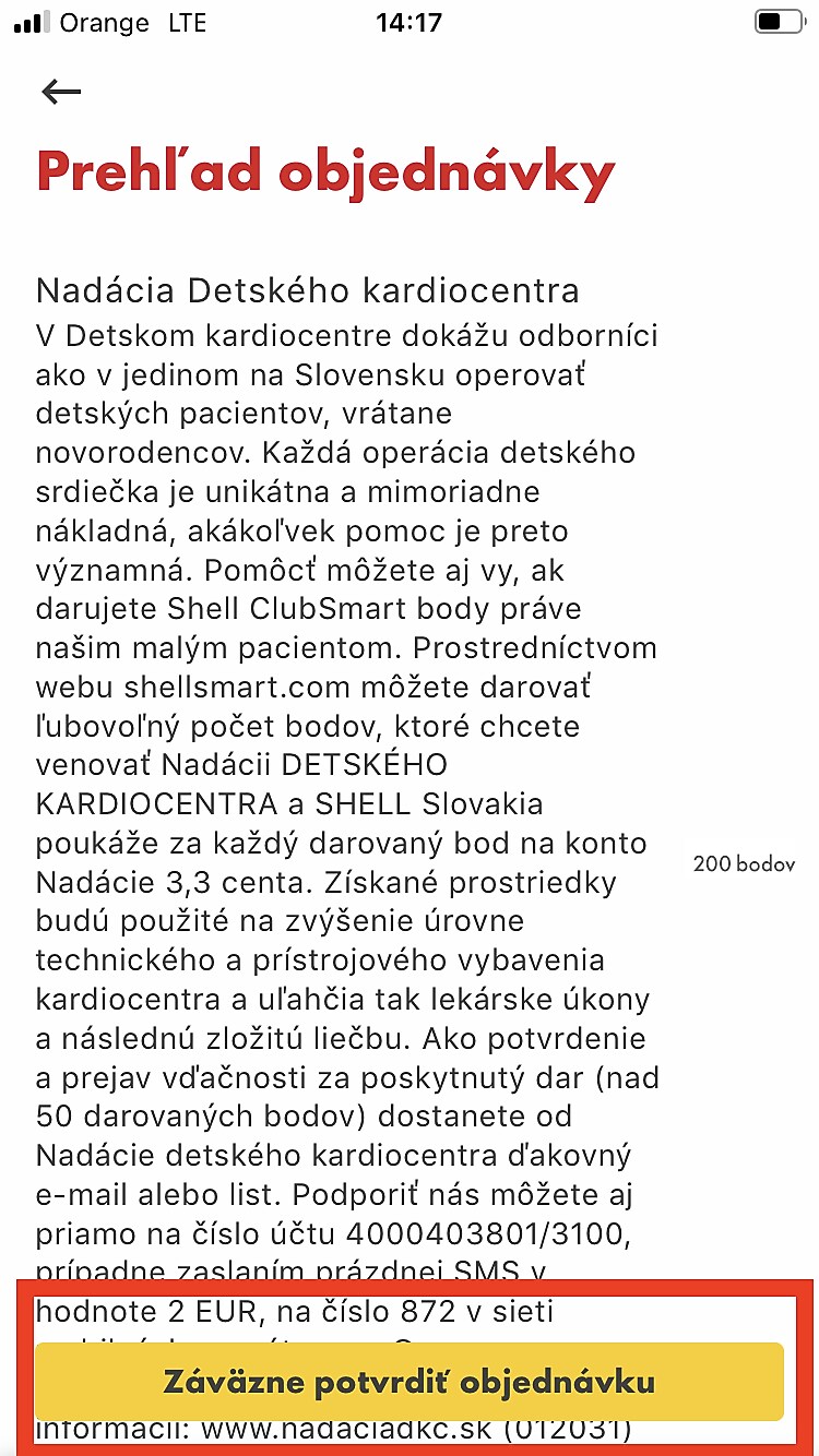 4. Vyberte, koľko bodov chcete darovať (1-10 000 bodov) a nadačný fond, a kliknite na „Objednávka“.