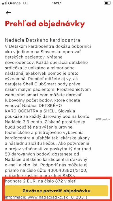 4. Vyberte, koľko bodov chcete darovať (1-10 000 bodov) a nadačný fond, a kliknite na „Objednávka“.