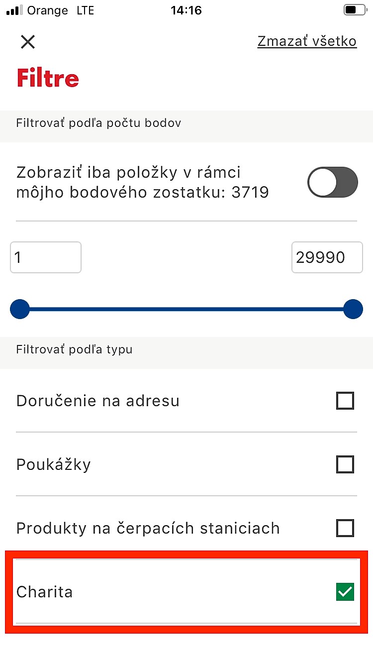 3. Vo filtri zaškrtnite „Charita“.